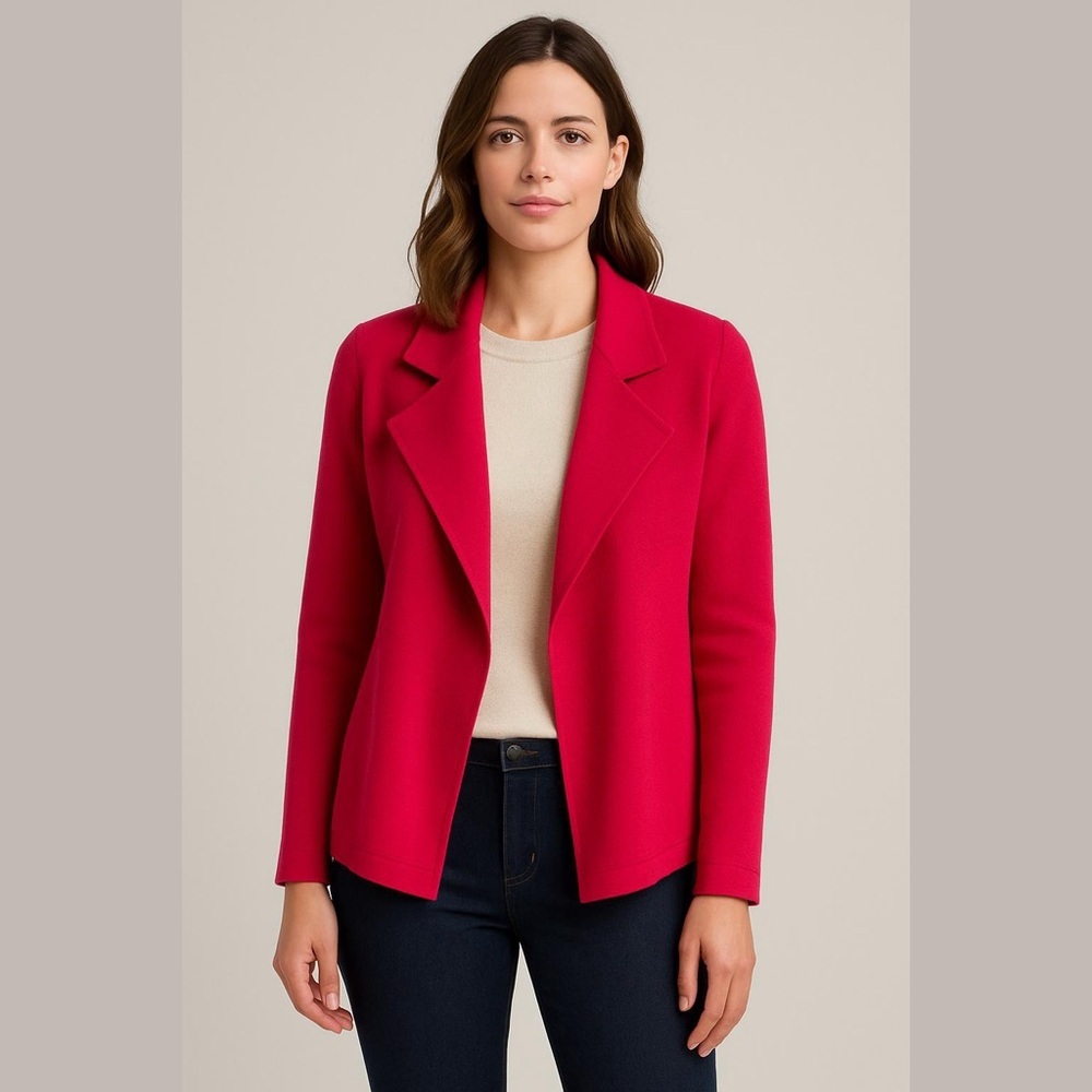 Marc Cain 100% Wool Knit Open Front Raw Edge Fuchsia Pink Blazer Size N3/US L